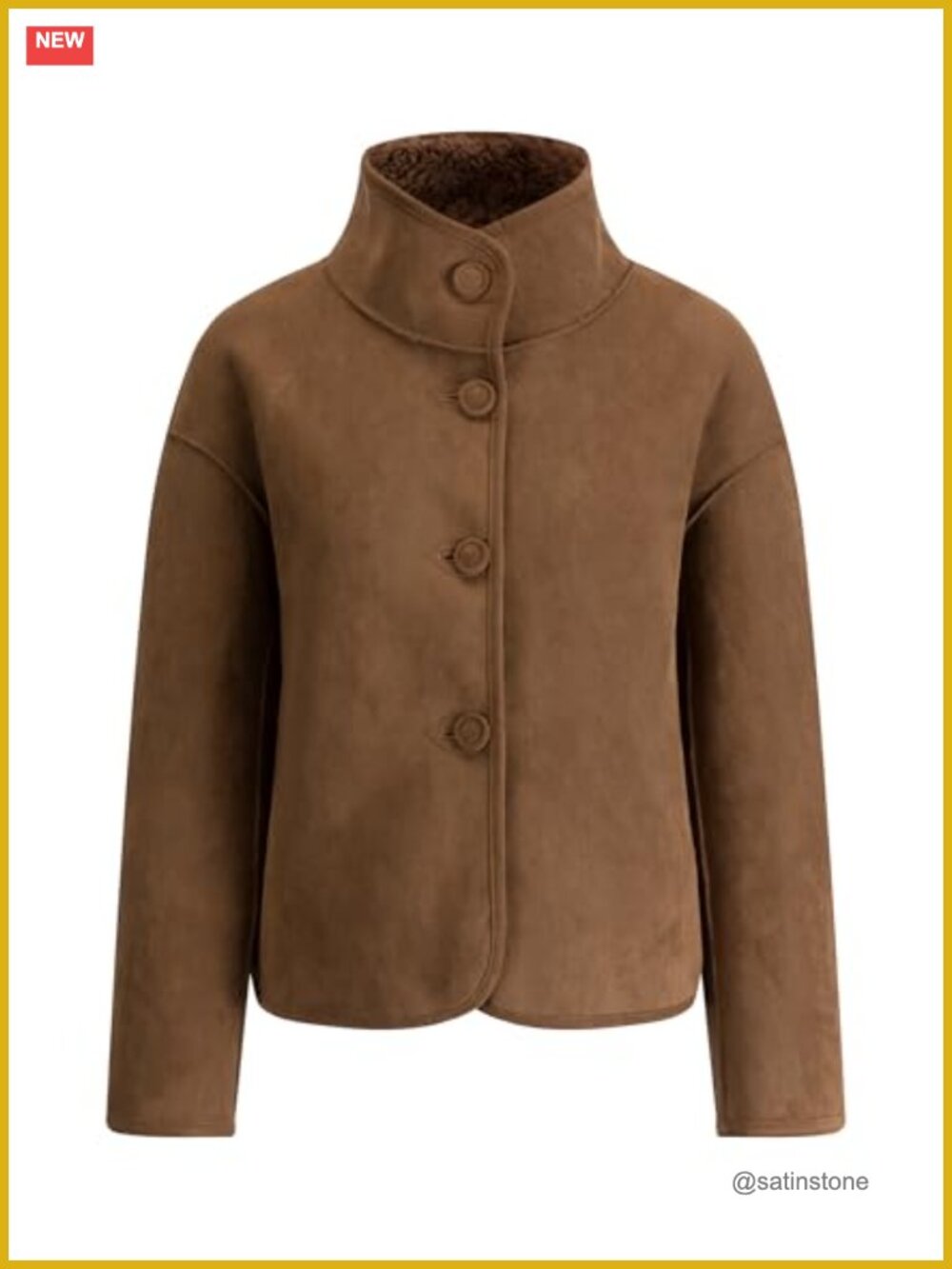 Reversible Faux Leather & Wool Jacket with Stand Collar, Long Sleeve, Zipper - Picture 3 of 6
